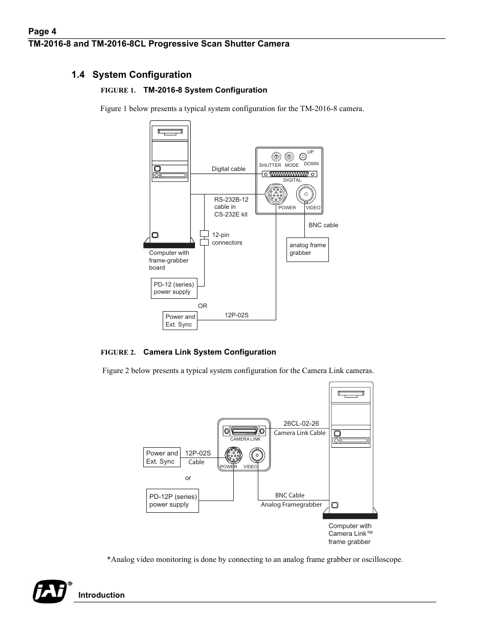 4 system configuration, Figure 1. tm-2016-8 system configuration, Figure 2. camera link system configuration | Figure 1, Tm-2016-8 system configuration, Figure 2, Camera link system configuration, Introduction, Pin connectors or | JAI TM-2016-8/8CL User Manual | Page 14 / 44