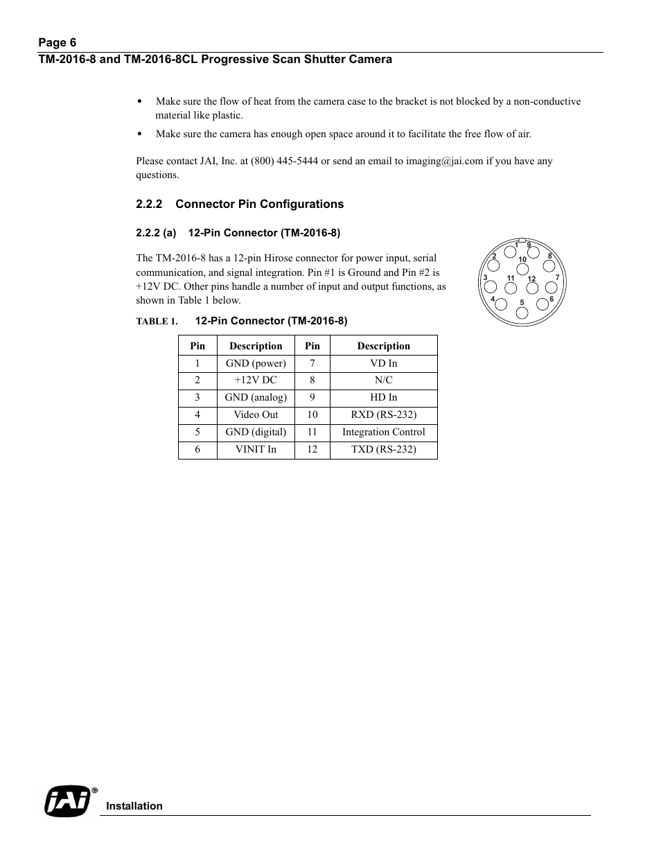 2 connector pin configurations, 2 (a) 12-pin connector (tm-2016-8), Table 1. 12-pin connector (tm-2016-8) | Table 1, Pin connector (tm-2016-8) | JAI TM-2016-8/8CL User Manual | Page 16 / 44