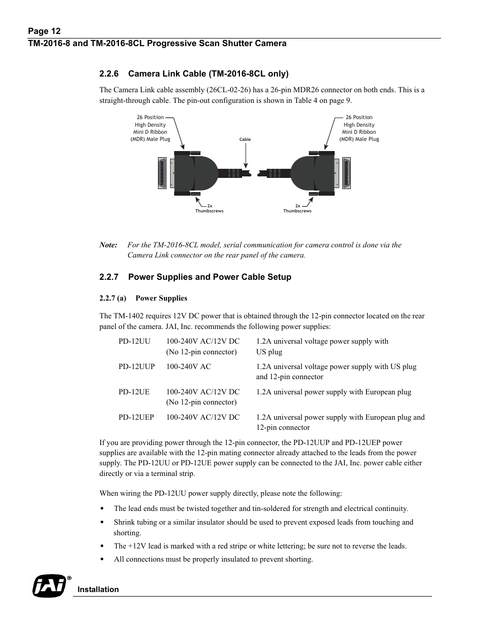 6 camera link cable (tm-2016-8cl only), 7 power supplies and power cable setup, 7 (a) power supplies | JAI TM-2016-8/8CL User Manual | Page 22 / 44