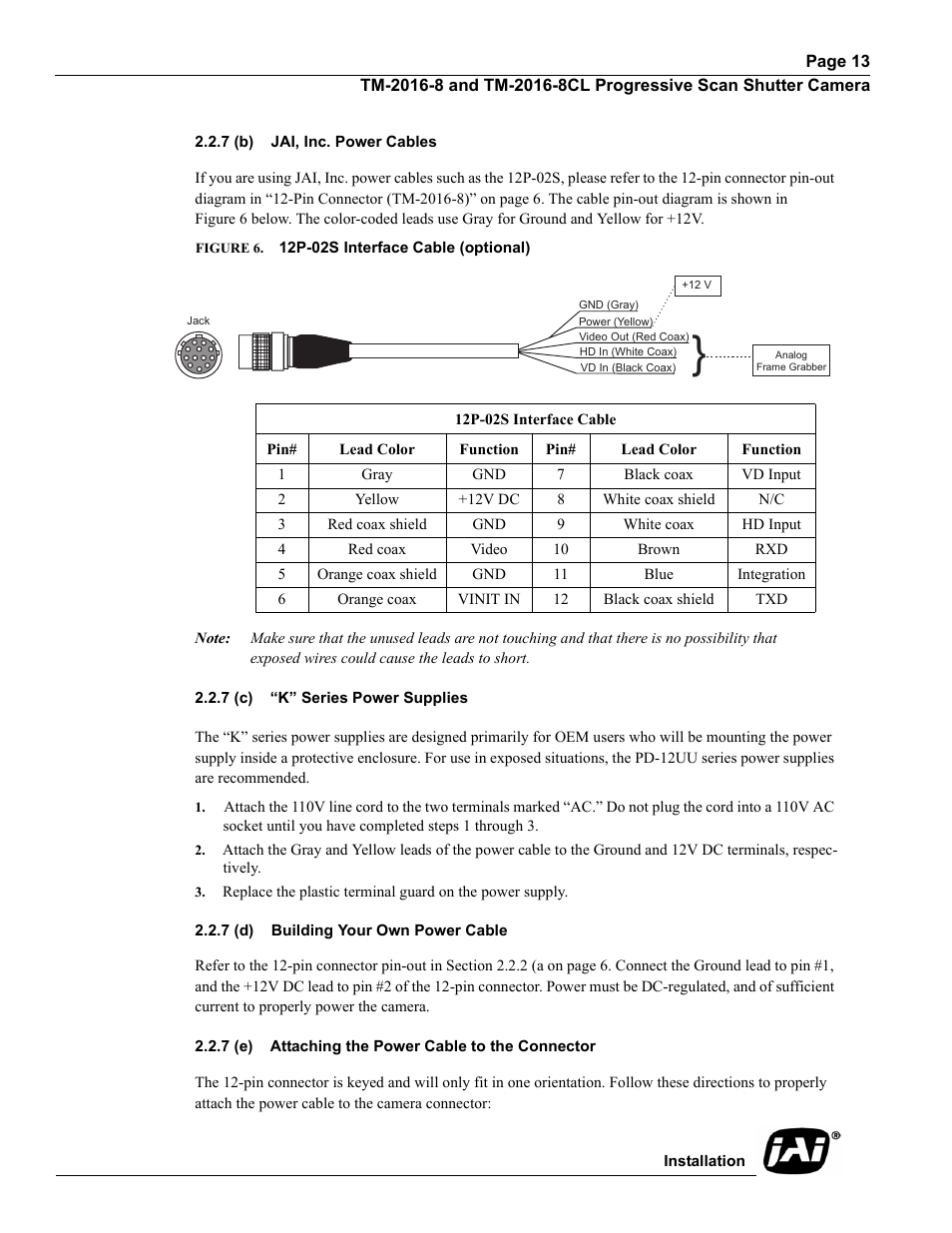7 (b) jai, inc. power cables, Figure 6. 12p-02s interface cable (optional), 7 (c) “k” series power supplies | 7 (d) building your own power cable, 7 (e) attaching the power cable to the connector, Figure 6, 12p-02s interface cable (optional) | JAI TM-2016-8/8CL User Manual | Page 23 / 44
