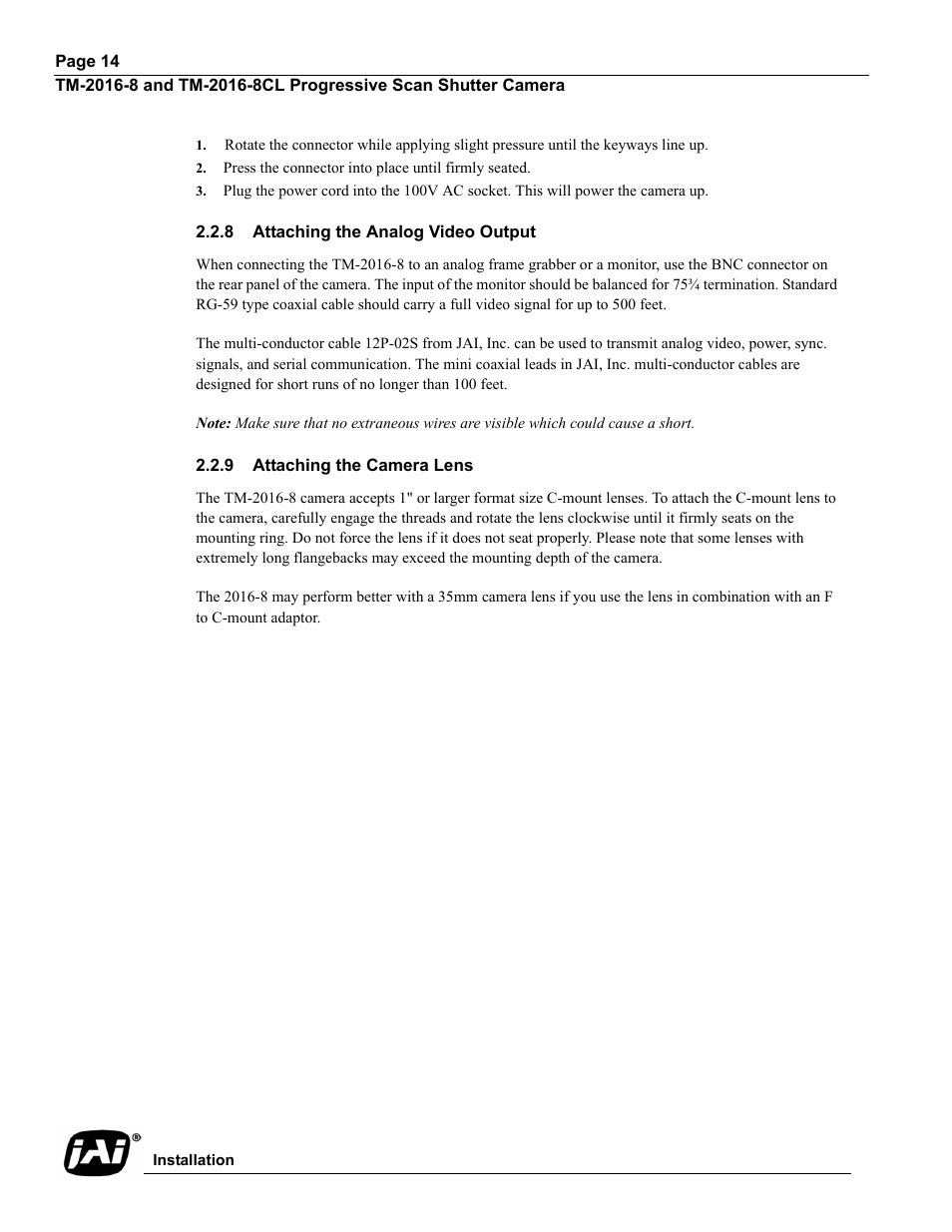 Press the connector into place until firmly seated, 8 attaching the analog video output, 9 attaching the camera lens | JAI TM-2016-8/8CL User Manual | Page 24 / 44