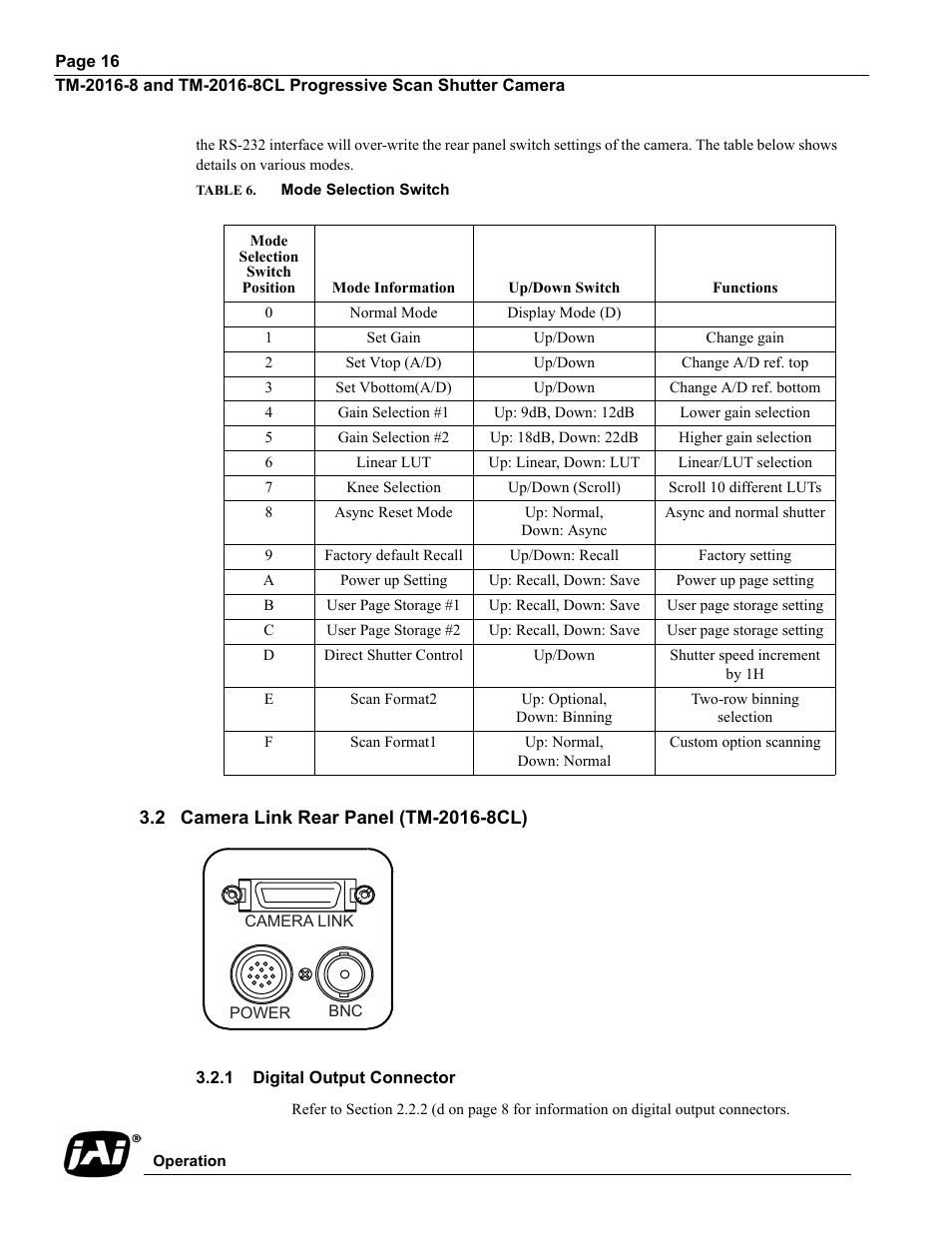 Table 6. mode selection switch, 2 camera link rear panel (tm-2016-8cl), 1 digital output connector | Table 6, Mode selection switch, To table 6 ab | JAI TM-2016-8/8CL User Manual | Page 26 / 44