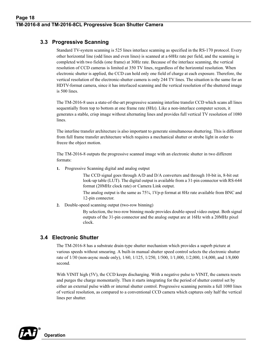 3 progressive scanning, Progressive scanning digital and analog output, Double-speed scanning output (two-row binning) | 4 electronic shutter, 3 progressive scanning 3.4 electronic shutter | JAI TM-2016-8/8CL User Manual | Page 28 / 44