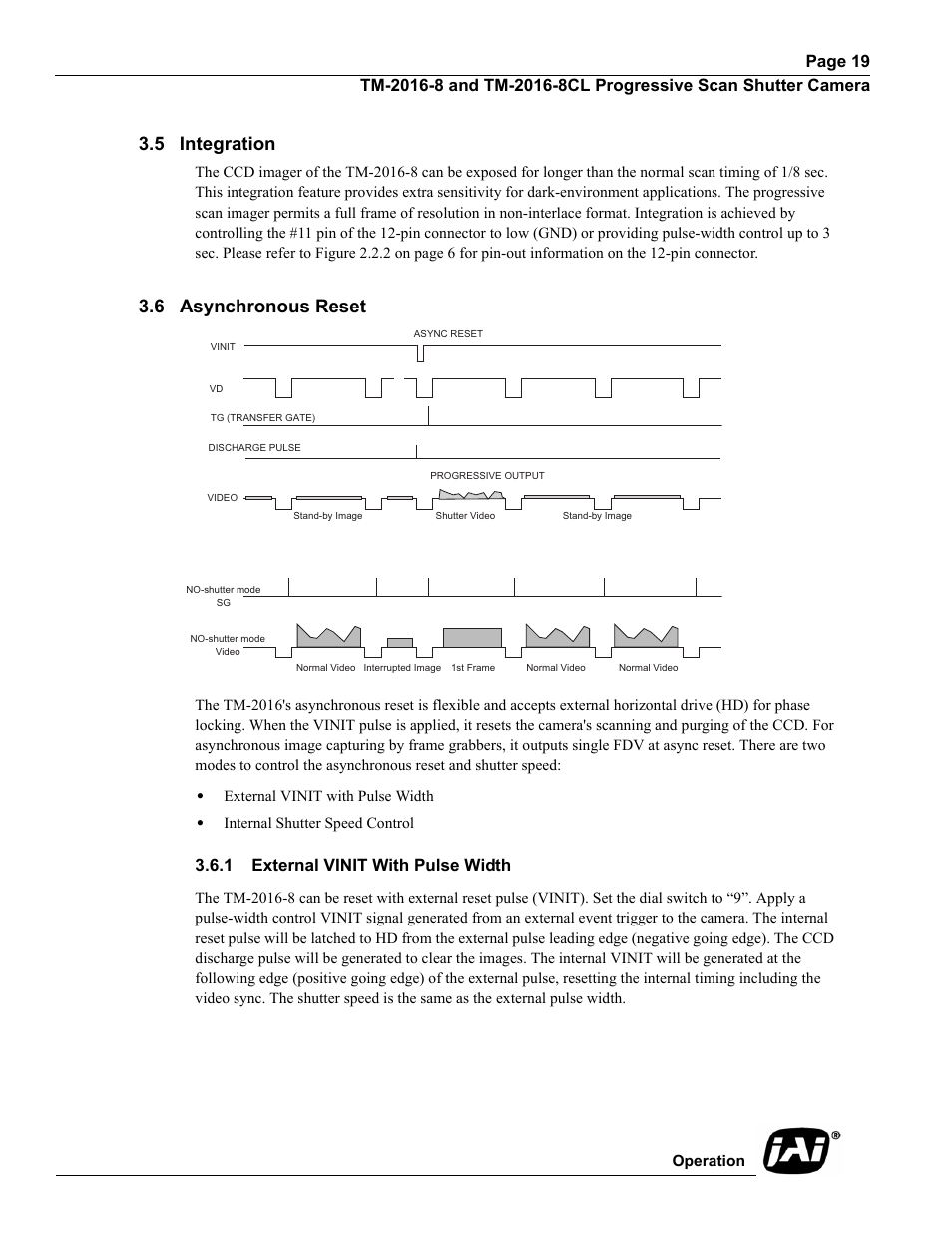 5 integration, 6 asynchronous reset, 1 external vinit with pulse width | 5 integration 3.6 asynchronous reset | JAI TM-2016-8/8CL User Manual | Page 29 / 44