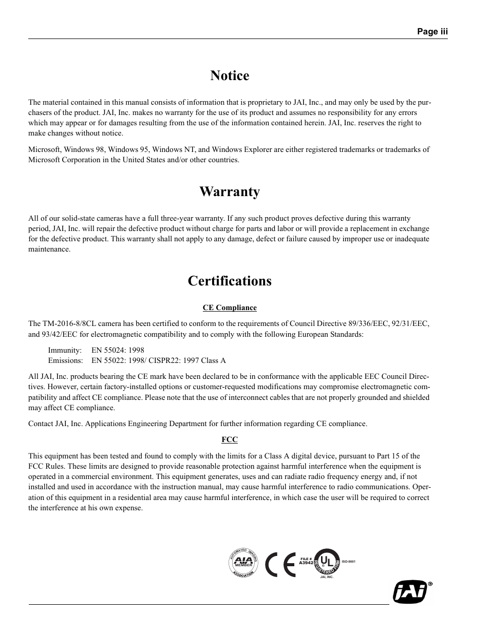 Notice, Warranty, Certifications | Page iii | JAI TM-2016-8/8CL User Manual | Page 3 / 44