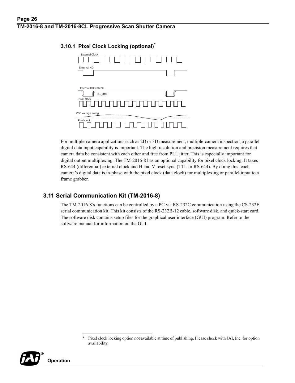 1 pixel clock locking (optional), 11 serial communication kit (tm-2016-8) | JAI TM-2016-8/8CL User Manual | Page 36 / 44