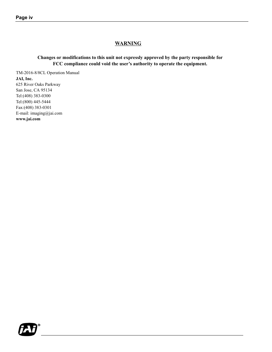 Warning | JAI TM-2016-8/8CL User Manual | Page 4 / 44