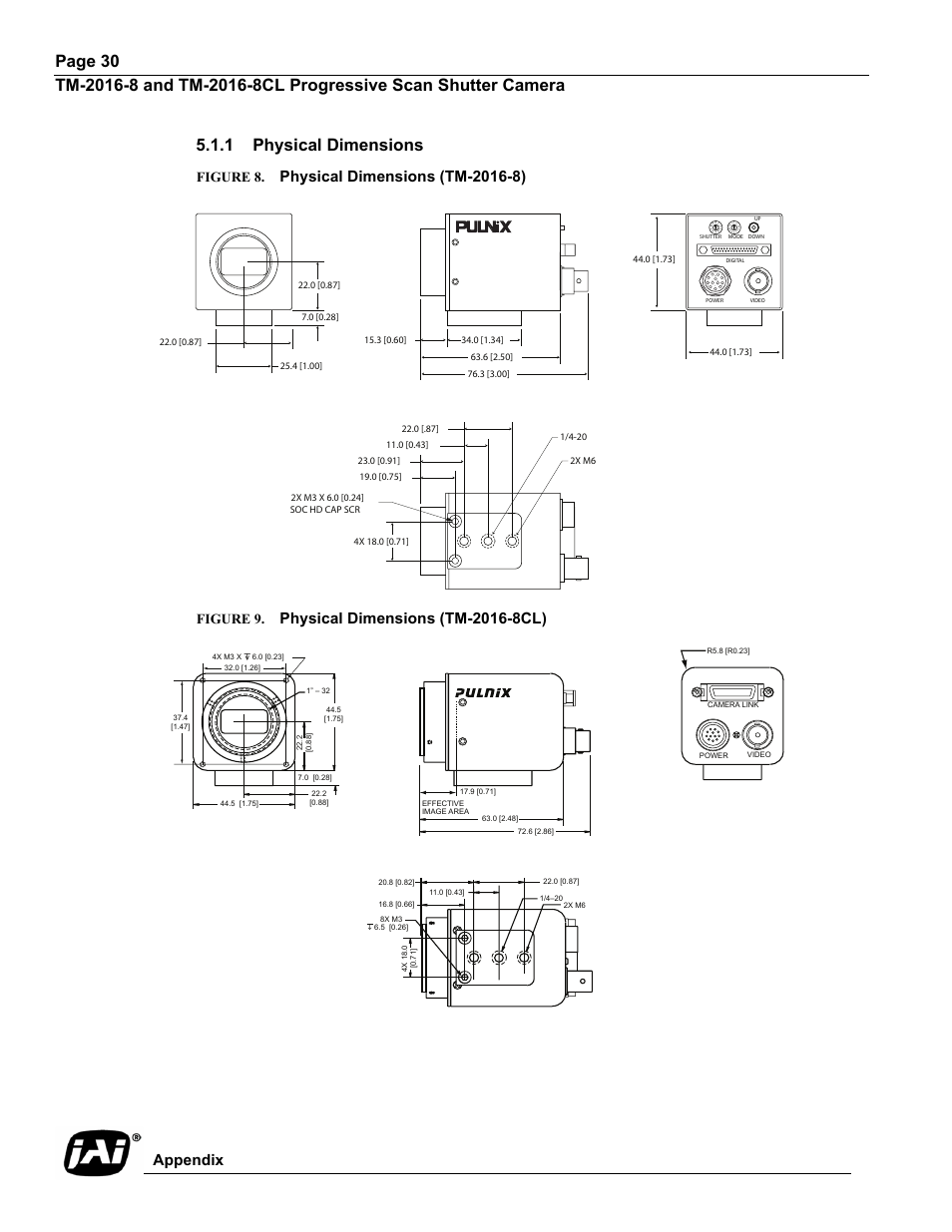 1 physical dimensions, Figure 8. physical dimensions (tm-2016-8), Figure 9. physical dimensions (tm-2016-8cl) | Figure 8, Physical dimensions (tm-2016-8), Figure 9, Physical dimensions (tm-2016-8cl), Appendix | JAI TM-2016-8/8CL User Manual | Page 40 / 44