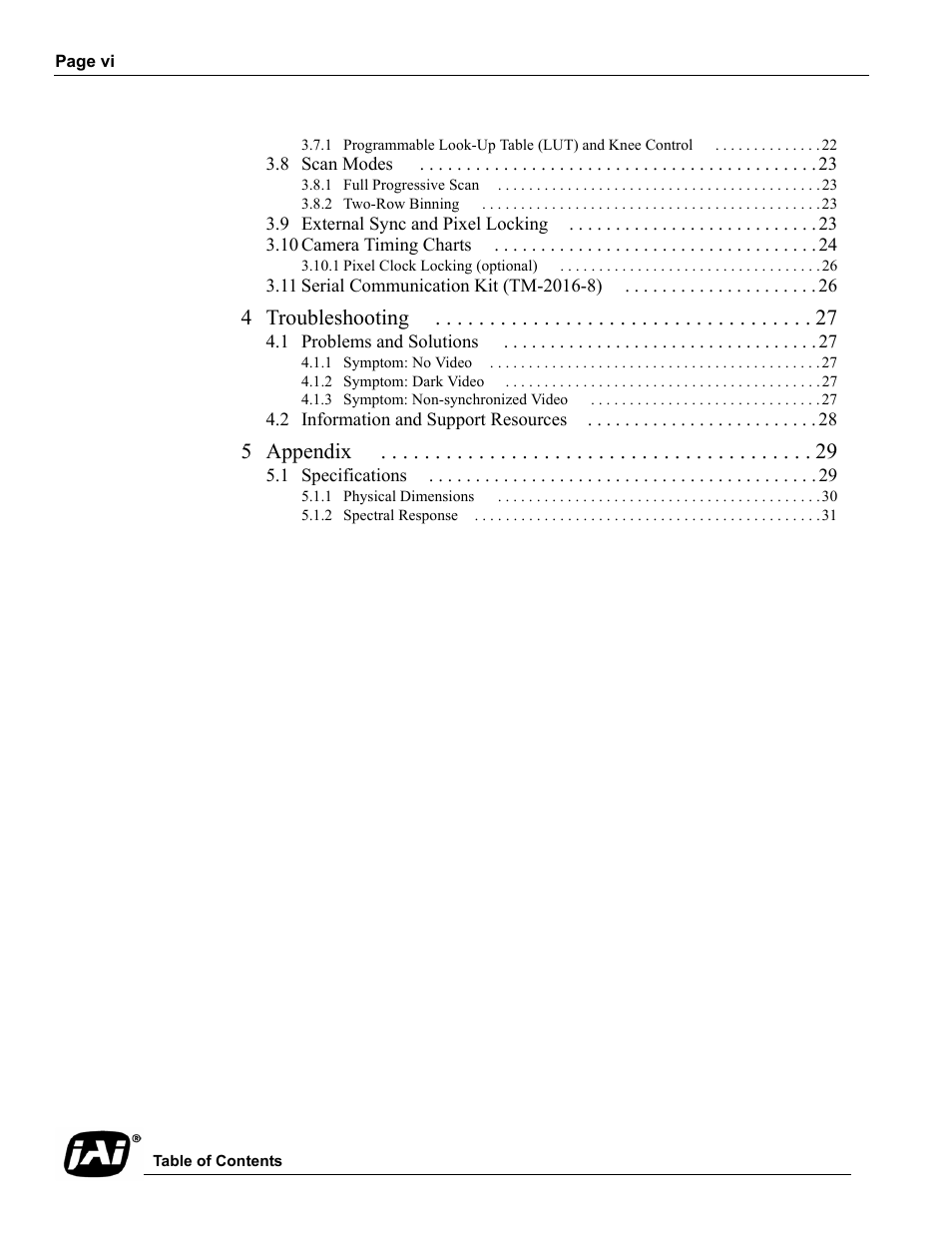 4 troubleshooting 27, 5 appendix 29, 4 troubleshooting | 5 appendix | JAI TM-2016-8/8CL User Manual | Page 6 / 44
