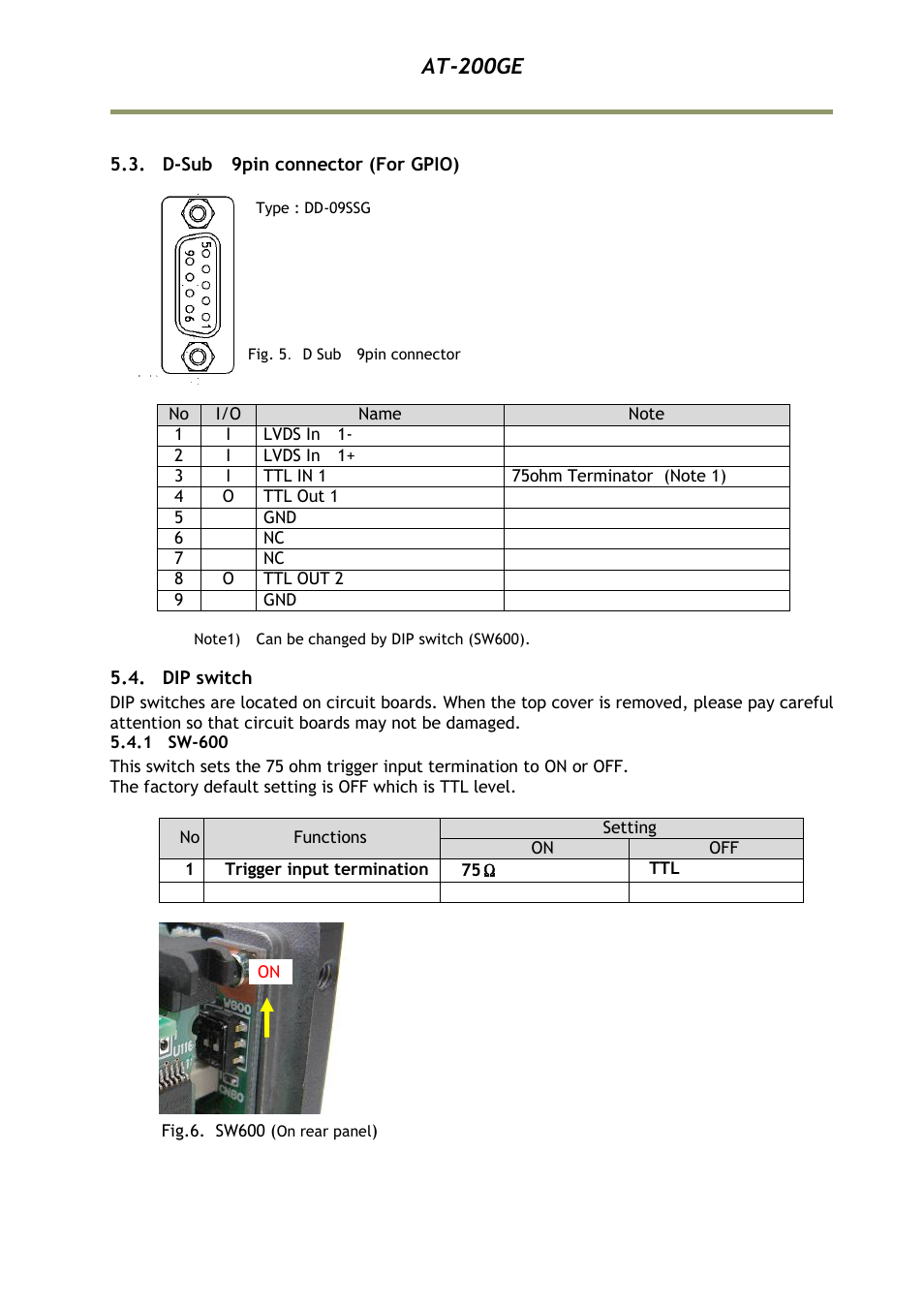 D-sub 9pin connector (for gpio), Dip switch, 1 sw-600 | At-200ge | JAI AT-200GE User Manual | Page 13 / 71