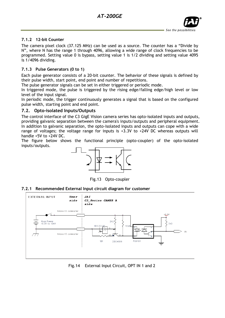 2 12-bit counter, 3 pulse generators (0 to 1), Opto-isolated inputs/outputs | 1 recommended external input circu, At-200ge | JAI AT-200GE User Manual | Page 18 / 71