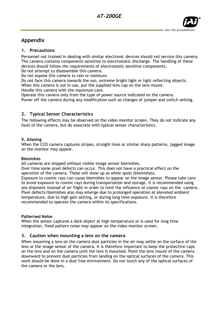 Appendix, Precautions, Typical sensor characteristics | Caution when mounting a lens on the | JAI AT-200GE User Manual | Page 68 / 71