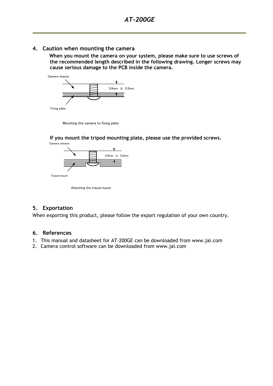 Caution when mounting the camera, Exportation, References | At-200ge | JAI AT-200GE User Manual | Page 69 / 71