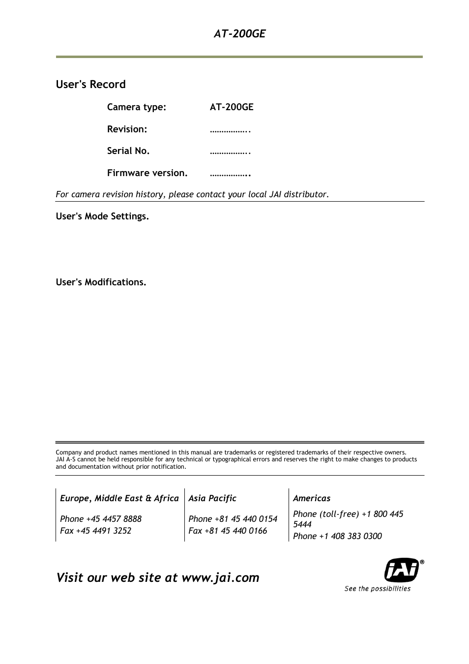 User's record, At-200ge | JAI AT-200GE User Manual | Page 71 / 71
