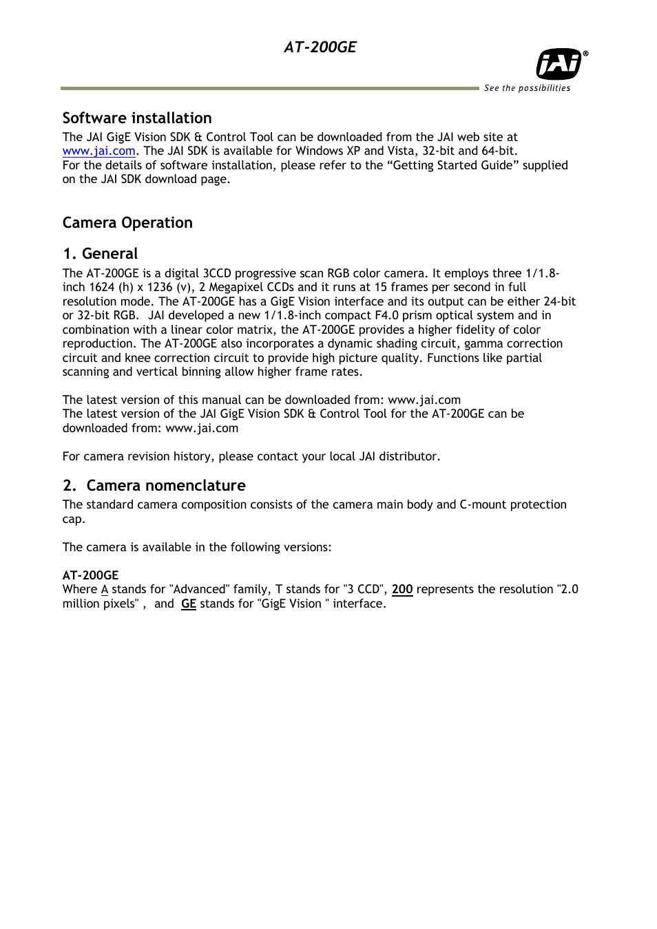 Software installation, Camera operation, General | Camera nomenclature, At-200ge, Camera operation 1. general | JAI AT-200GE User Manual | Page 8 / 71