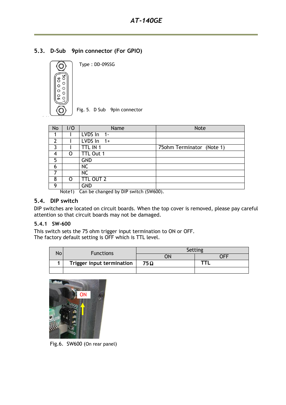 D-sub 9pin connector (for gpio), Dip switch, 1 sw-600 | At-140ge | JAI AT-140GE User Manual | Page 13 / 71
