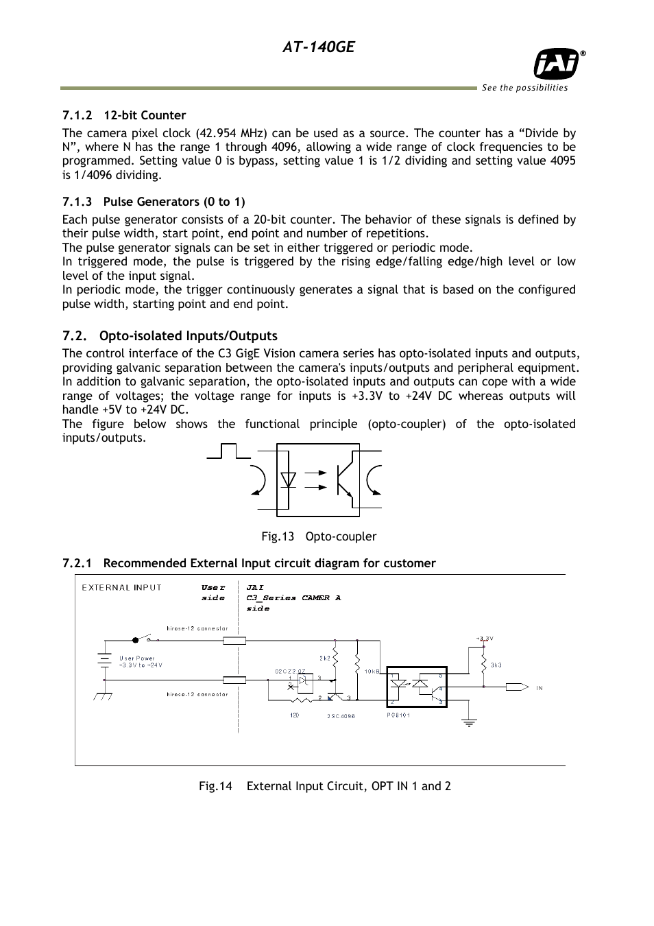 2 12-bit counter, 3 pulse generators (0 to 1), Opto-isolated inputs/outputs | 1 recommended external input circu, At-140ge | JAI AT-140GE User Manual | Page 18 / 71