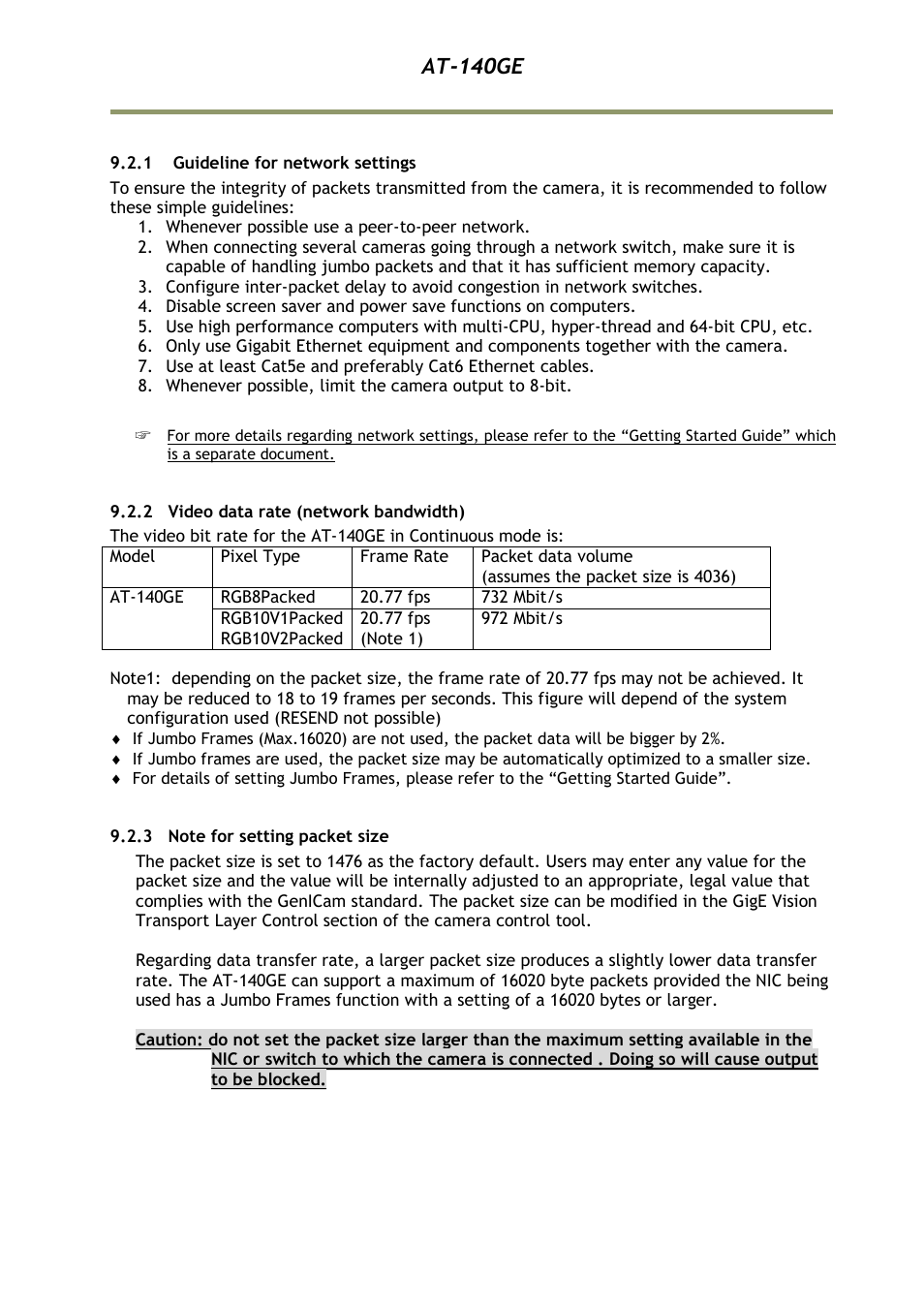 1 guideline for network settings, 2 video data rate (network bandwid, 3 note for setting packet size | At-140ge | JAI AT-140GE User Manual | Page 27 / 71