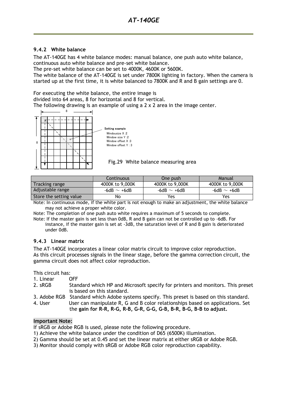 2 white balance, 3 linear matrix, At-140ge | JAI AT-140GE User Manual | Page 35 / 71