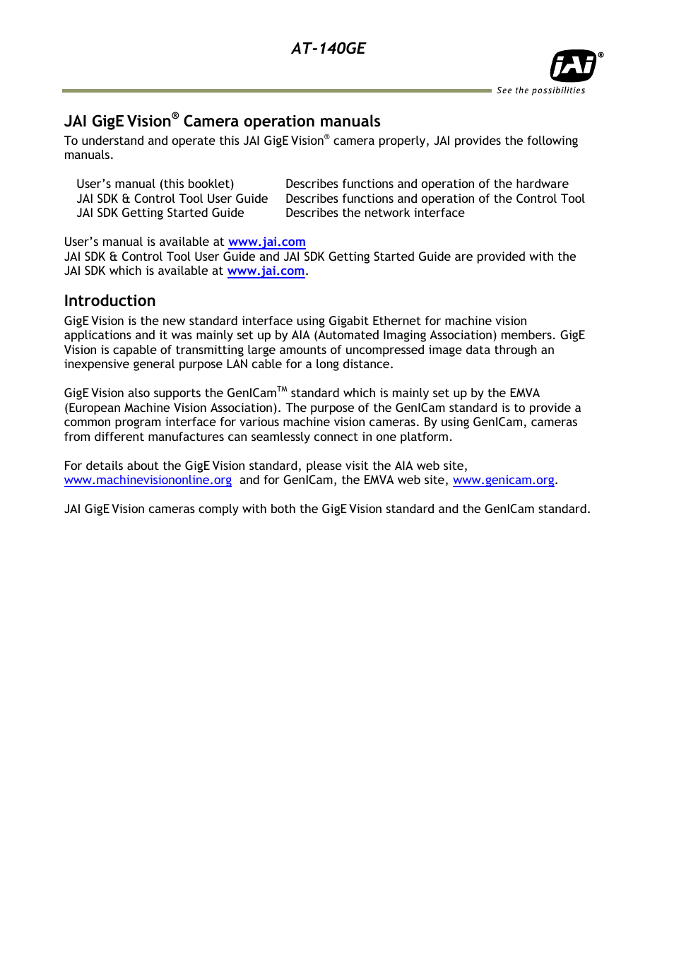 Jai gige vision® camera operation manual, Introduction, At-140ge | Jai gige, Vision, Camera operation manuals | JAI AT-140GE User Manual | Page 6 / 71