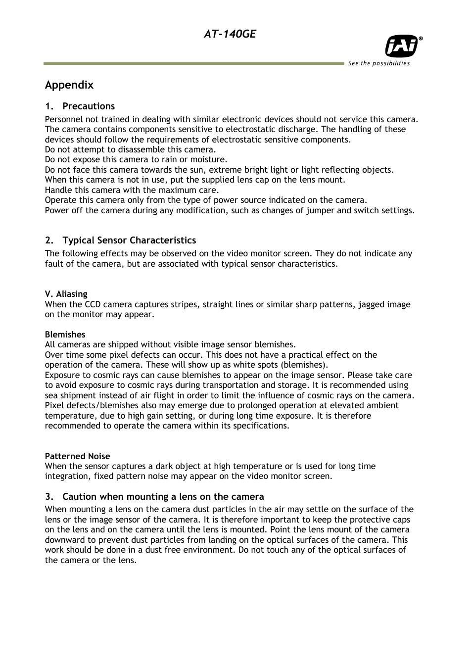Appendix, Precautions, Typical sensor characteristics | Caution when mounting a lens on the | JAI AT-140GE User Manual | Page 68 / 71