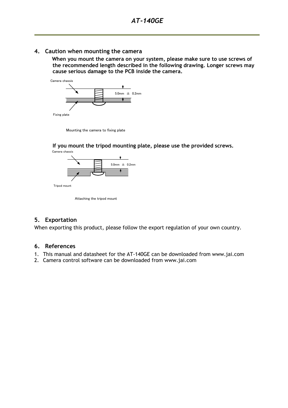 Caution when mounting the camera, Exportation, References | At-140ge | JAI AT-140GE User Manual | Page 69 / 71