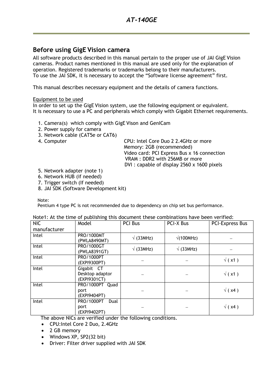 Before using gige vision camera, At-140ge, Before using gige | Vision camera | JAI AT-140GE User Manual | Page 7 / 71