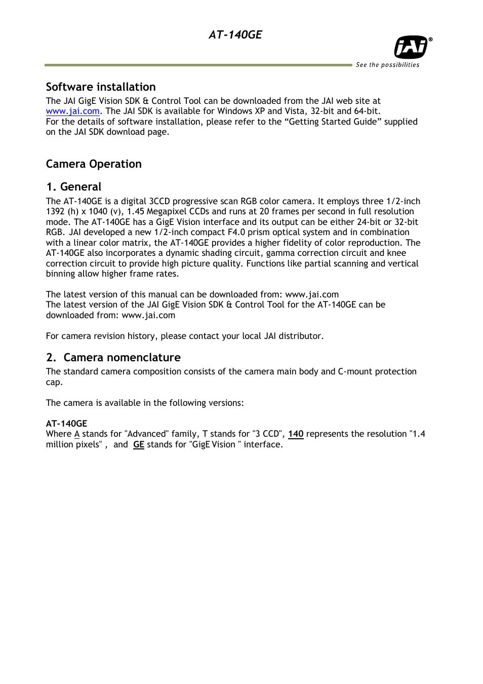 Software installation, Camera operation, General | Camera nomenclature, At-140ge, Camera operation 1. general | JAI AT-140GE User Manual | Page 8 / 71
