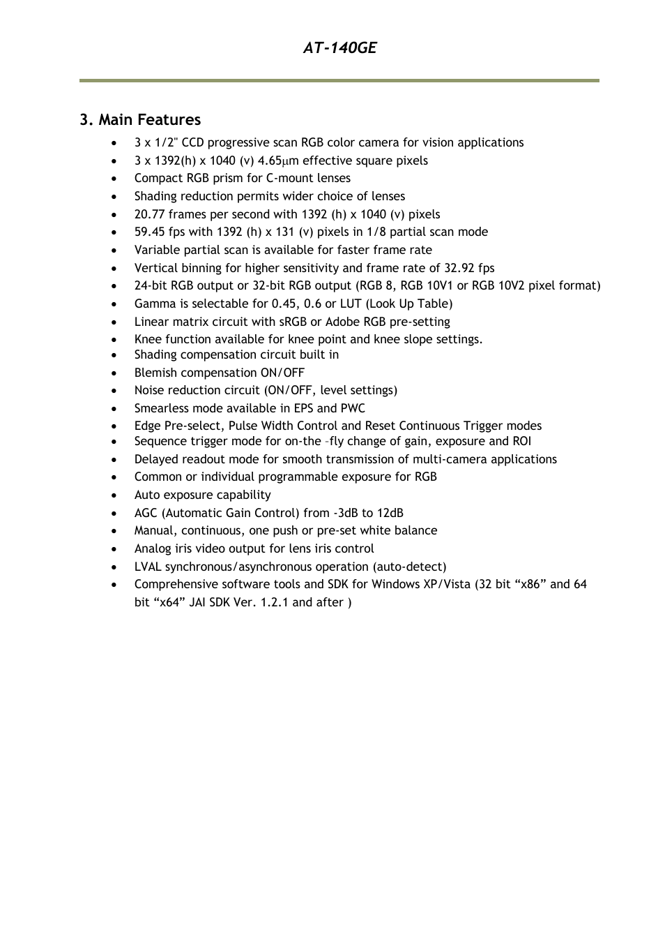 Main features, At-140ge | JAI AT-140GE User Manual | Page 9 / 71