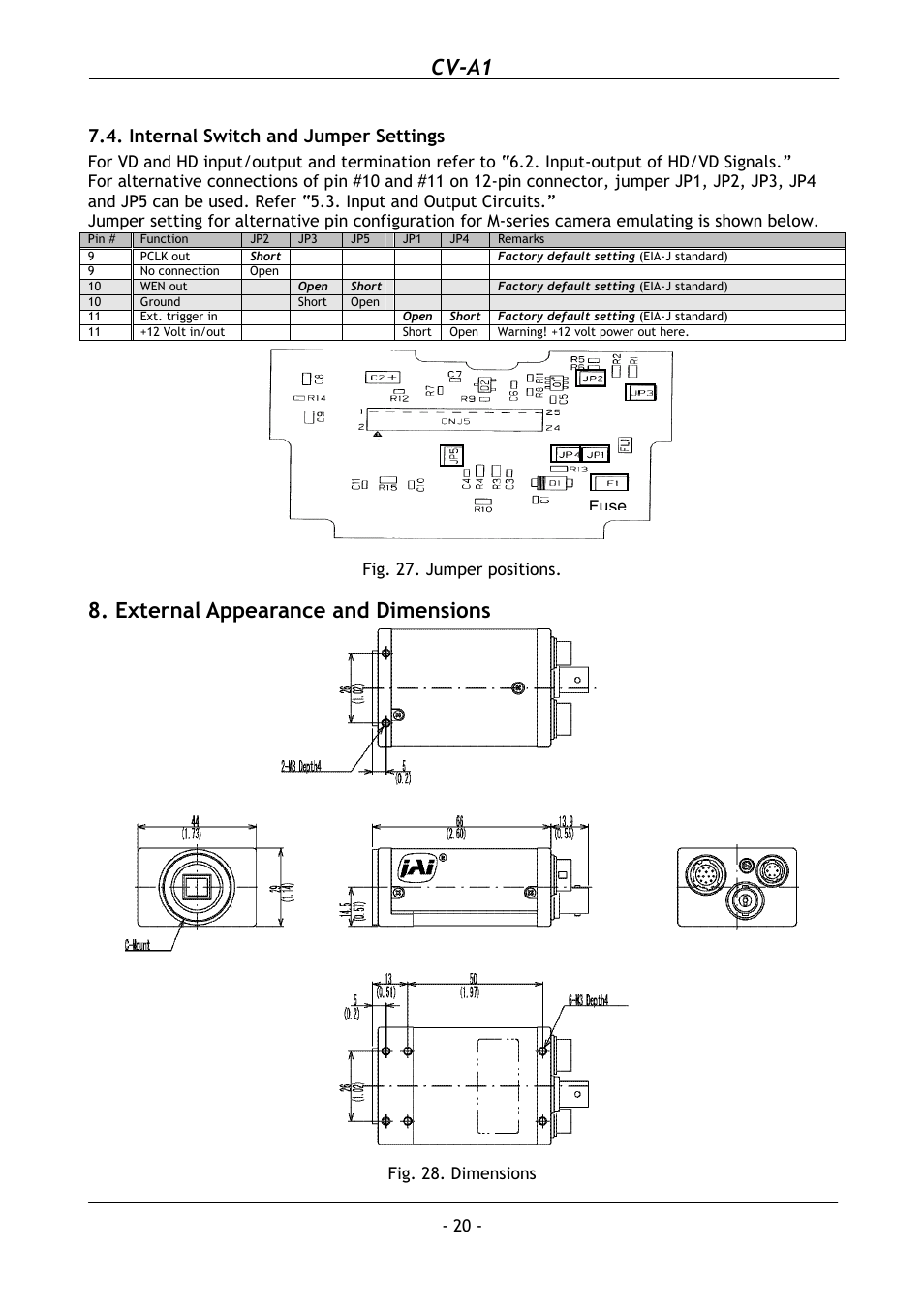 Internal switch and jumper settings, External appearance and dimensions, Cv-a1 | JAI CV-A1 User Manual | Page 21 / 24