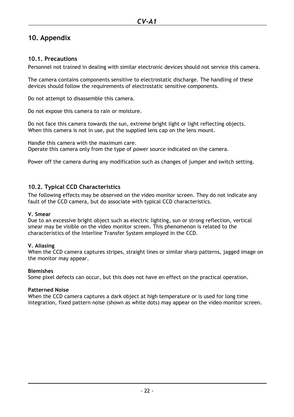 Appendix, Precautions, Typical ccd characteristics | Precautions 10.2. typical ccd characteristics, Cv-a1 | JAI CV-A1 User Manual | Page 23 / 24