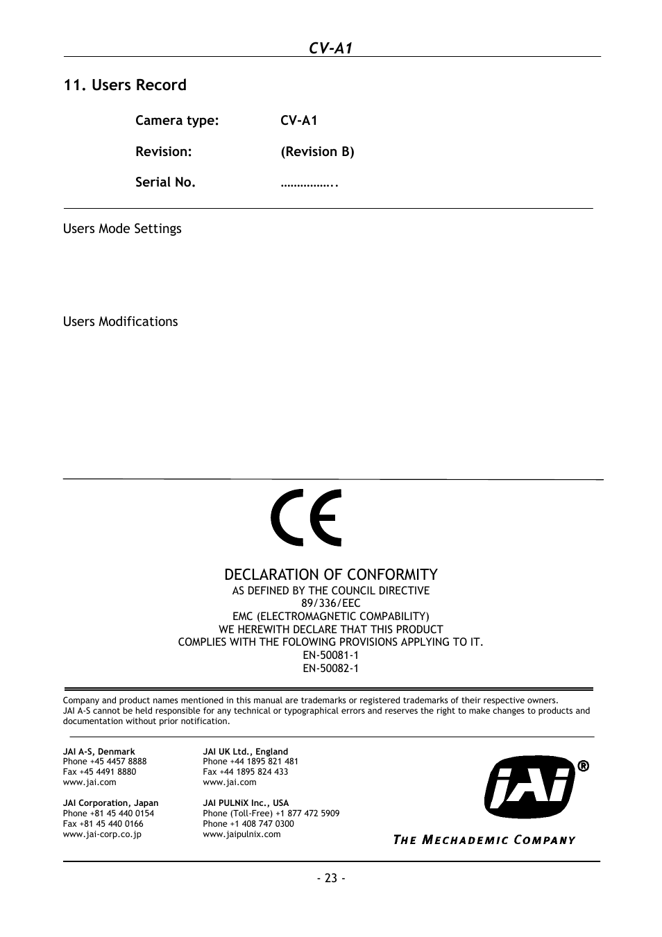 Users record, Cv-a1, Declaration of conformity | JAI CV-A1 User Manual | Page 24 / 24