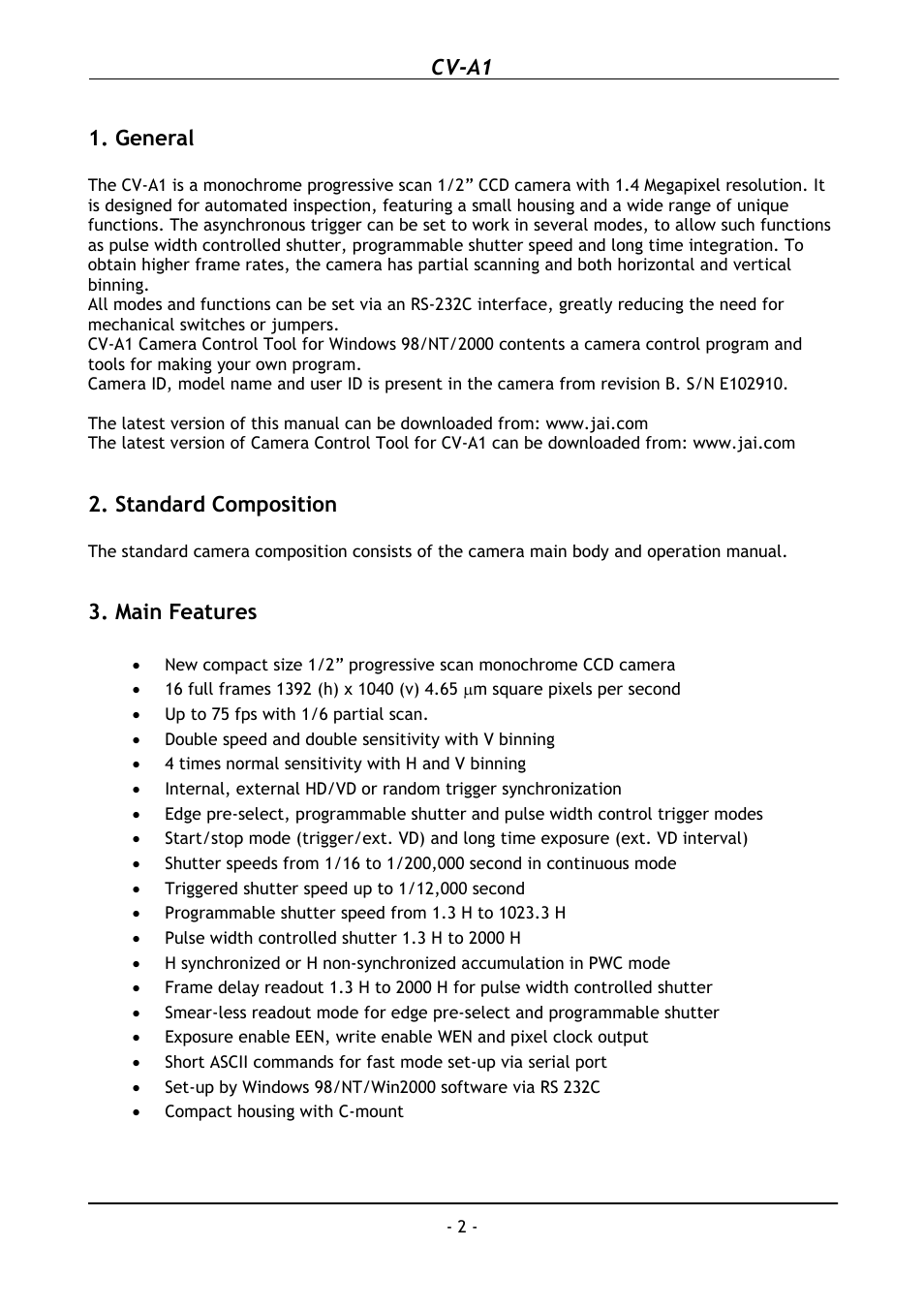 General, Standard composition, Main features | Standard composition 3. main features, Cv-a1 | JAI CV-A1 User Manual | Page 3 / 24