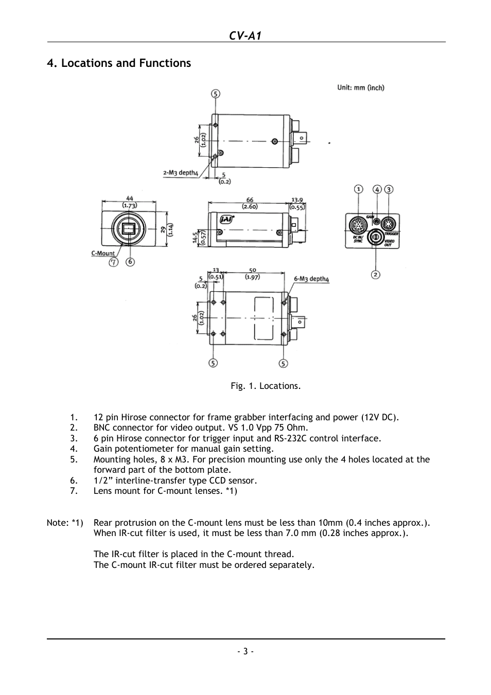 Locations and functions, Cv-a1 | JAI CV-A1 User Manual | Page 4 / 24