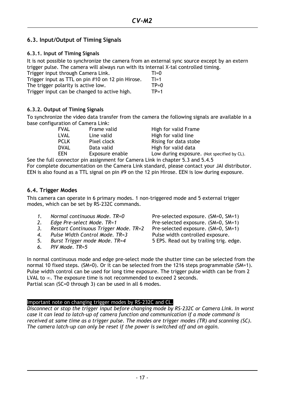 Input/output of timing signals, Input of timing signals, Output of timing signals | Trigger modes, Cv-m2 | JAI CV-M2 User Manual | Page 18 / 35