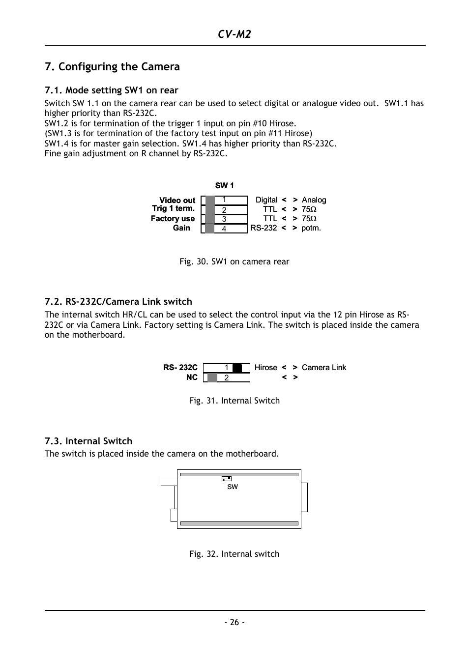 Configuring the camera, Mode setting sw1 on rear, Rs-232c/camera link switch | Internal switch, Cv-m2 | JAI CV-M2 User Manual | Page 27 / 35