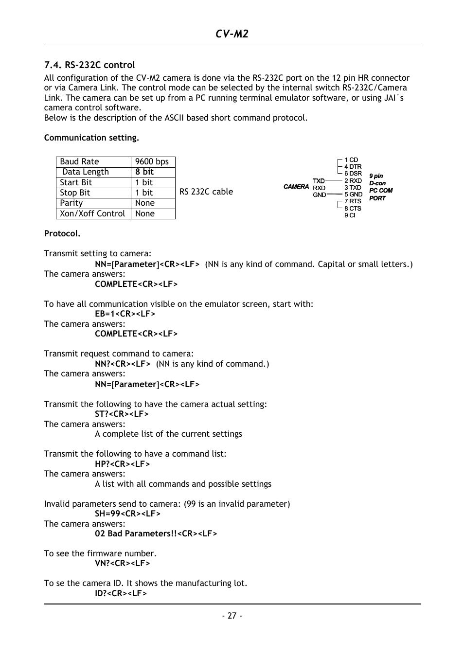 Rs-232c control, Cv-m2 | JAI CV-M2 User Manual | Page 28 / 35