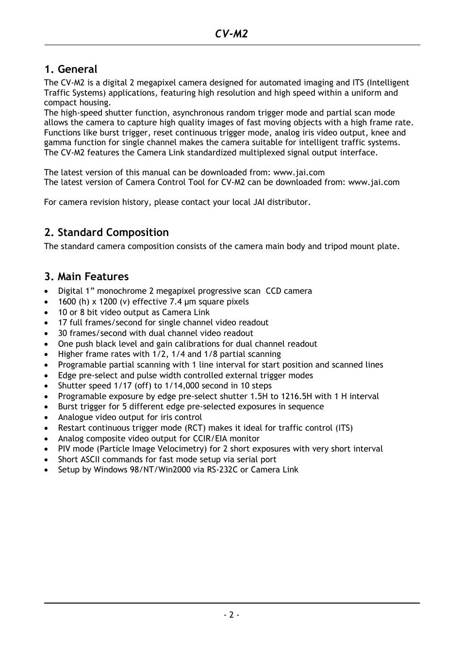 General, Standard composition, Main features | Cv-m2 | JAI CV-M2 User Manual | Page 3 / 35