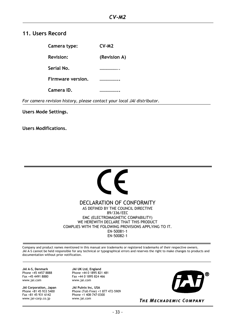 Users record, Cv-m2, Declaration of conformity | JAI CV-M2 User Manual | Page 34 / 35