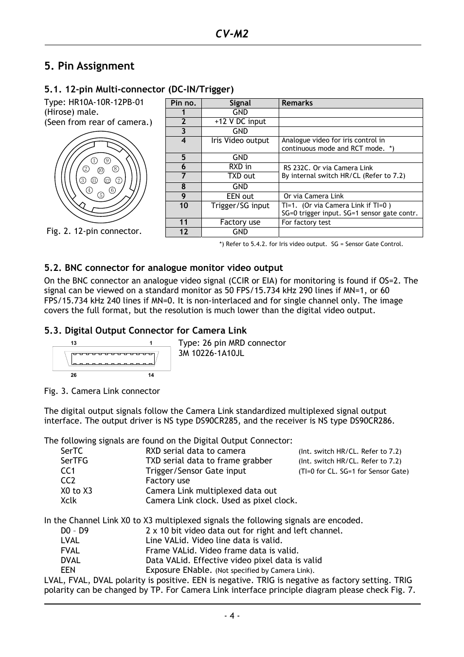 Pin assignment, 12-pin multi-connector (dc-in/trigger), Bnc connector for analogue monitor video output | Digital output connector for camera link, Cv-m2 | JAI CV-M2 User Manual | Page 5 / 35