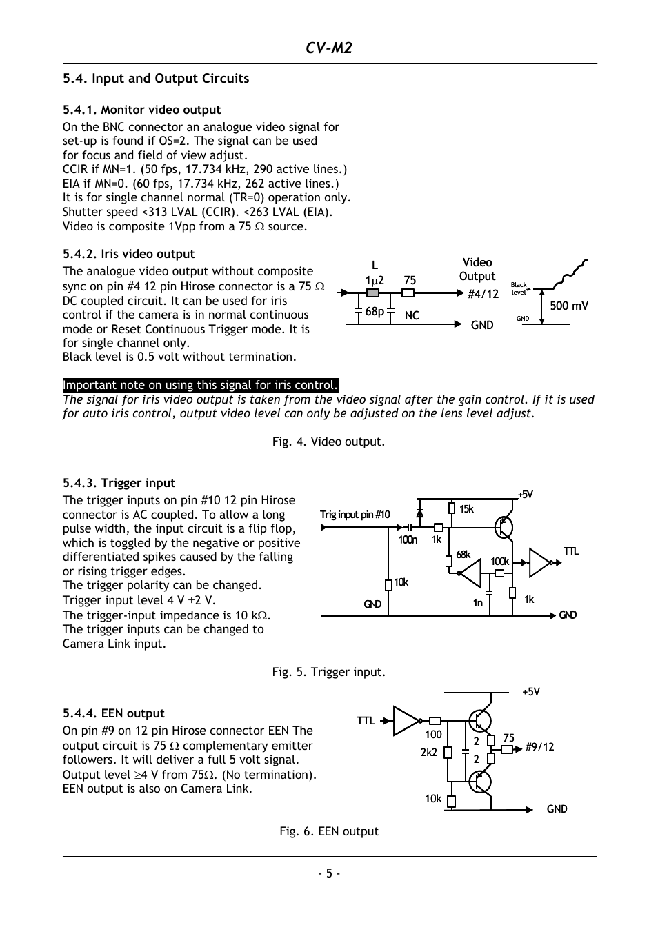 Input and output circuits, Monitor video output, Iris video output | Trigger input, Een output, Cv-m2 | JAI CV-M2 User Manual | Page 6 / 35