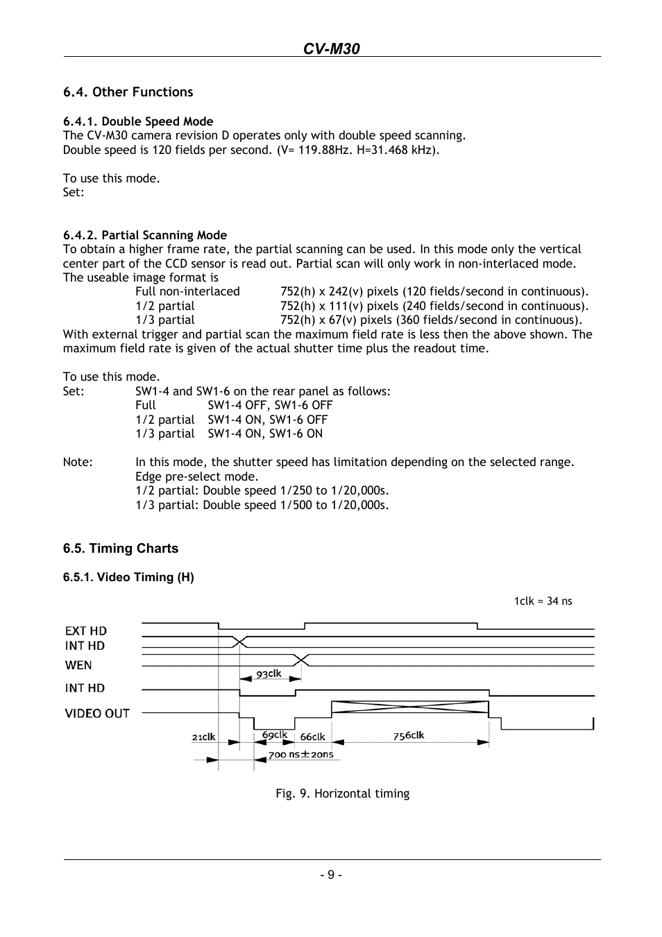 Other functions, Double speed mode, Partial scanning mode | Timing charts, Video timing (h), Cv-m30 | JAI CV-M30 User Manual | Page 10 / 21