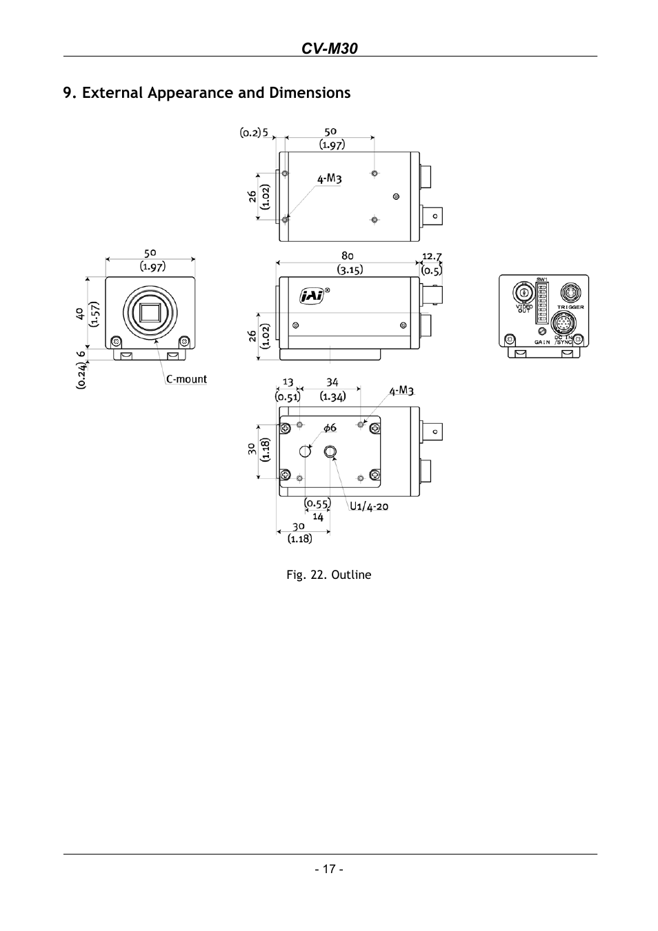 External appearance and dimensions, Cv-m30 | JAI CV-M30 User Manual | Page 18 / 21