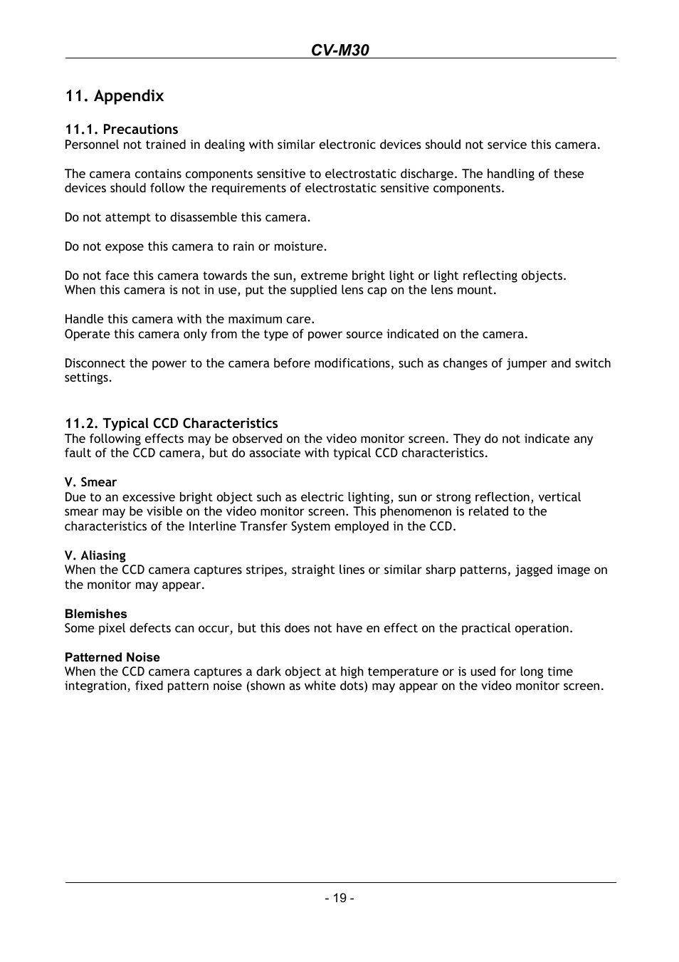 Appendix, Precautions, Typical ccd characteristics | Blemishes, Patterned noise, Cv-m30 | JAI CV-M30 User Manual | Page 20 / 21