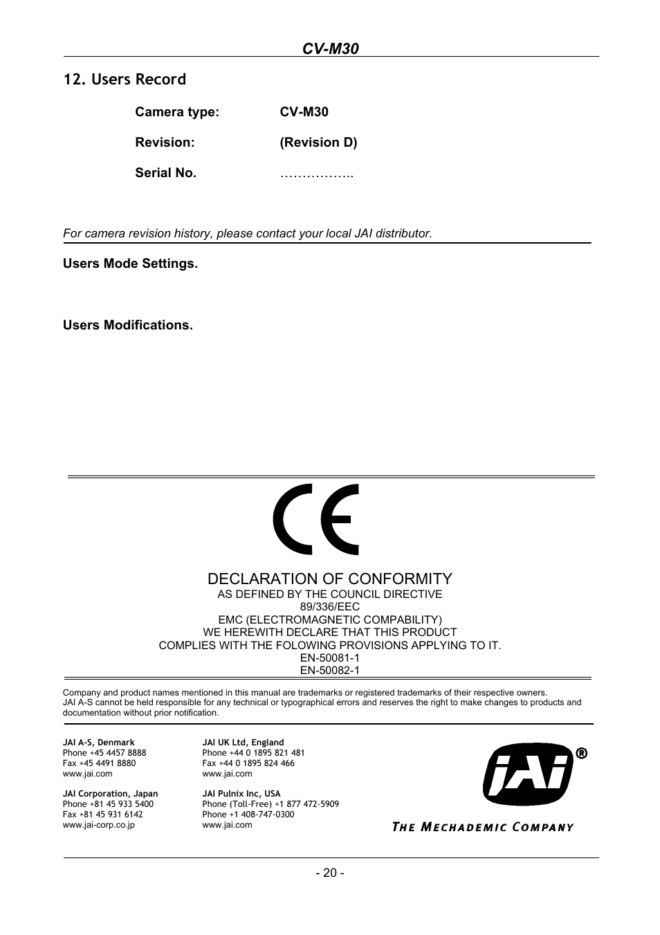 Users record, Cv-m30, Declaration of conformity | JAI CV-M30 User Manual | Page 21 / 21