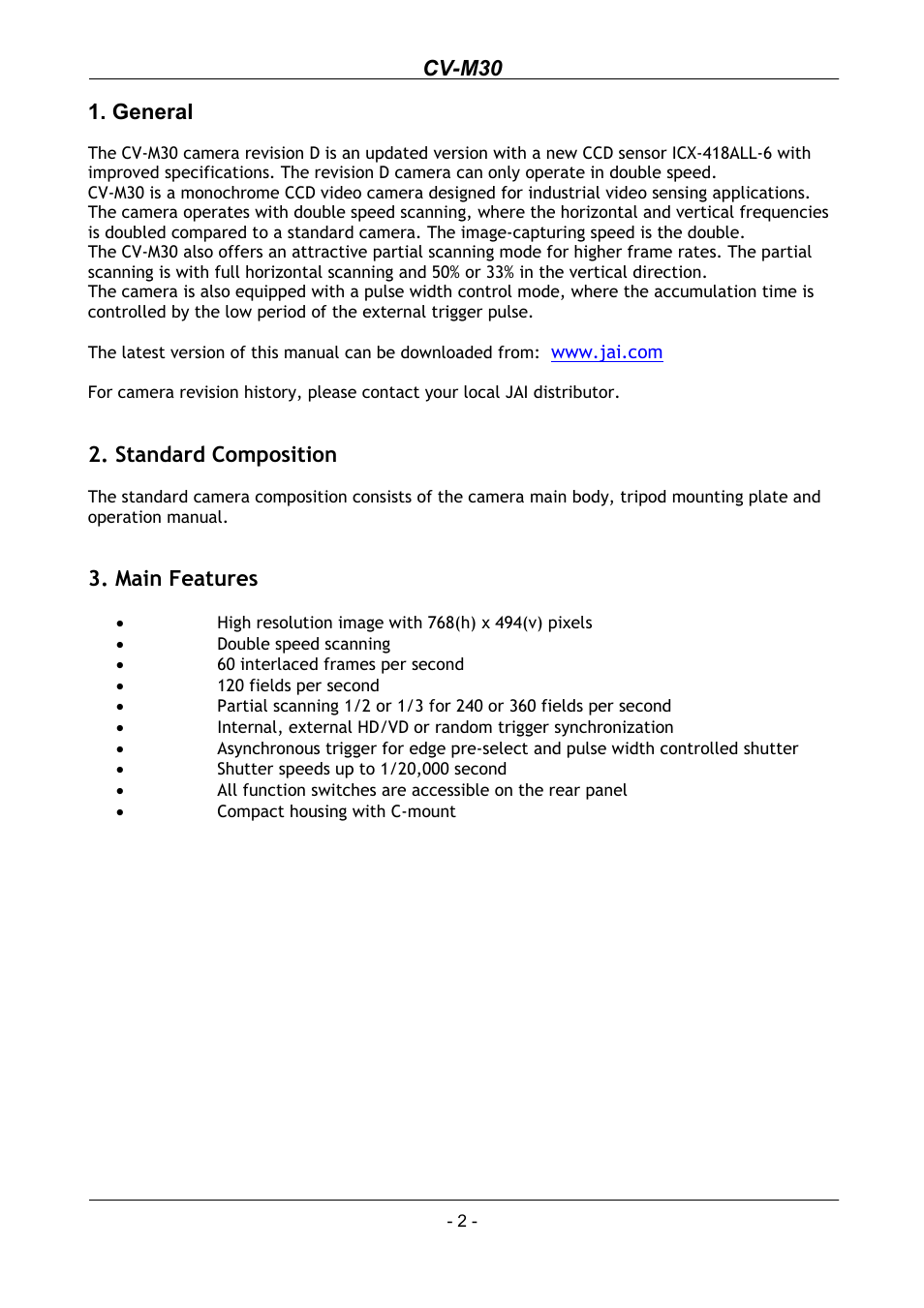Standard composition, Main features, General | Cv-m30 | JAI CV-M30 User Manual | Page 3 / 21