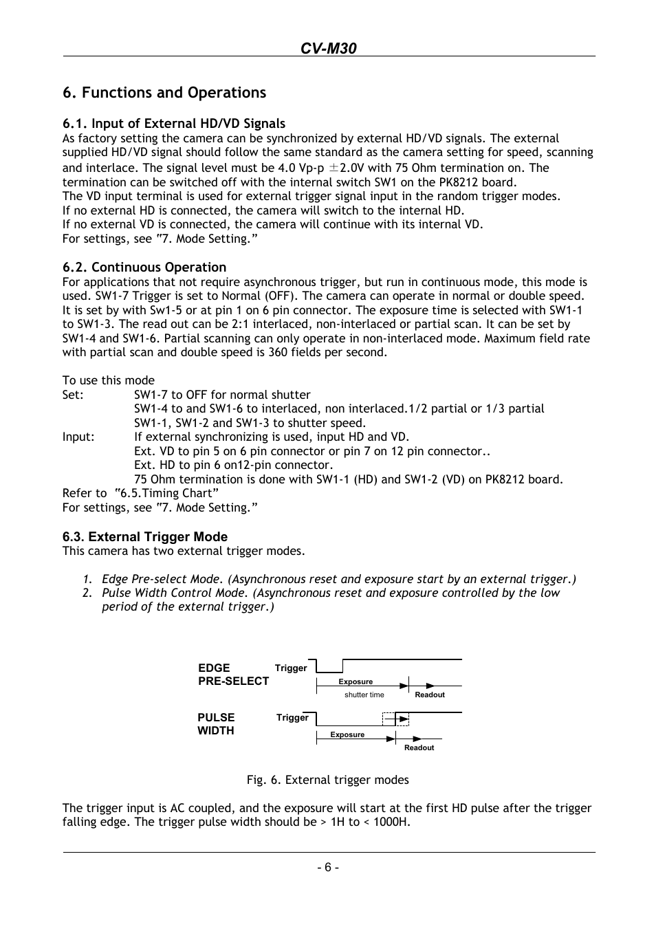 Functions and operations, Input of external hd/vd signals, Continuous operation | External trigger mode, Cv-m30 | JAI CV-M30 User Manual | Page 7 / 21