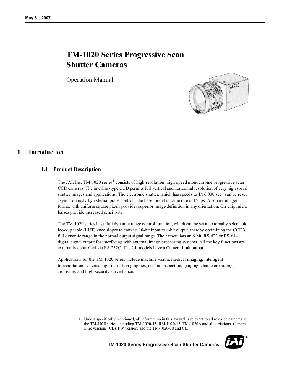 Tm-1020 series progressive scan shutter cameras, Operation manual, 1 introduction | 1 product description, Product description, Operation manual 1 introduction | JAI TM-1020 User Manual | Page 11 / 52