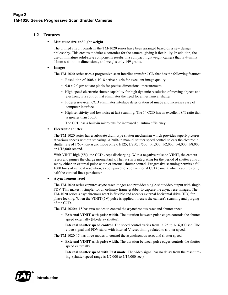 2 features, Features | JAI TM-1020 User Manual | Page 12 / 52