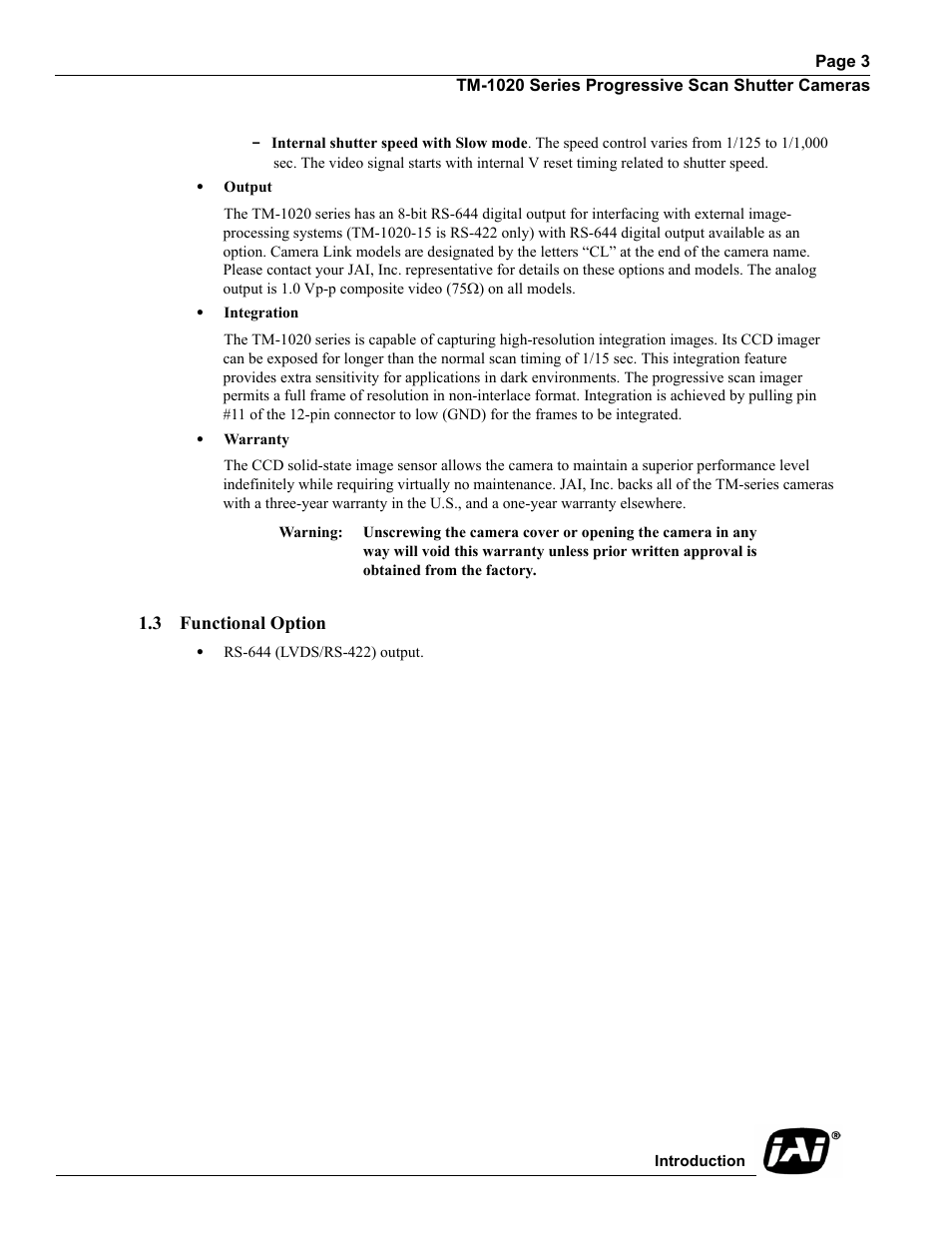 3 functional option, Functional option | JAI TM-1020 User Manual | Page 13 / 52